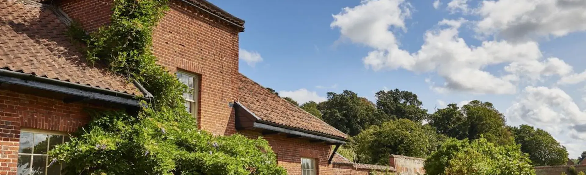 A wisteria-clad, single-storey brick building with large windows overlooks a garden full of shrubs.