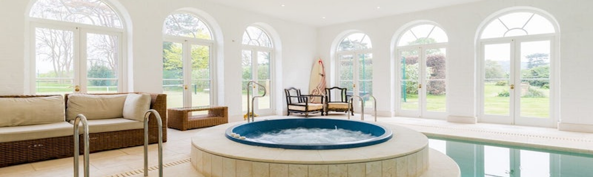 The indoor pool and hot tub in an Agency-managed luxury holiday cottage in Worcestershire