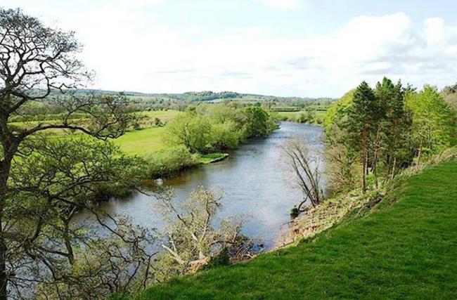 Enjoy Riverside Walks in and Around Glassonby A wide tree-lined river winds through the Cumbrian Countryside near Glassonny