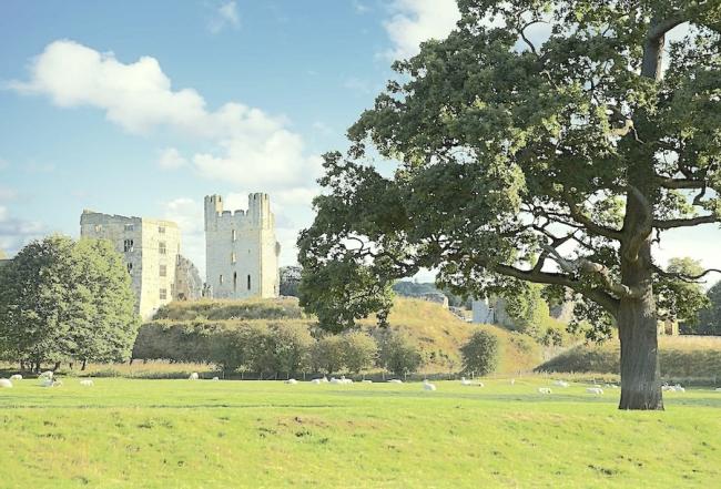 View Ampleforth Holiday Cottages Available to Rent. On the far side of a field, the ruined walls and keep of an ancient North Yorkshire castle stand out against a clear sky.