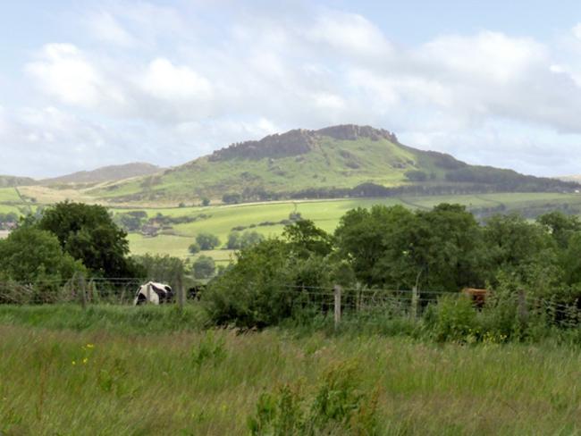 Discover Leak Holiday Cottages Available to Book. Photo credit: Goldcrest Cottage in Leek. Fields and trees rising up to rough moorland on a hill top in the Peak District.
