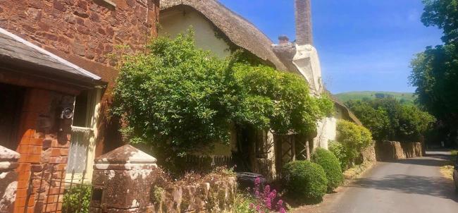 Discover The Quantocks - One of Somerset's Best Kept Secrets. Wisteria-clad Quantock holiday cottages on a village street on a sunny day.