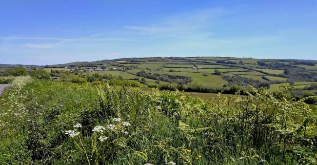 Rest and Be Thankful For These Wheddon Cross Holiday Cottages on Exmoor. Seen over the top of a hedge a small Exmoor village nestles on the side of a distant hill.