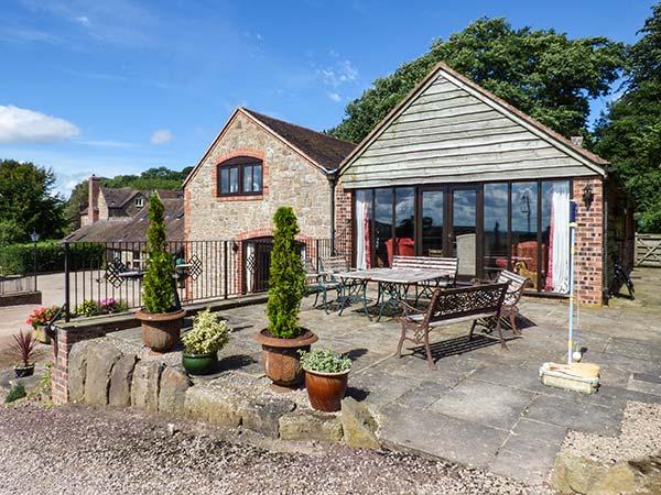 A single storey guilding with a half-timbered apex above a wall of  bi-fold glass doors overlooking  large patio with outdoor dining furniture.