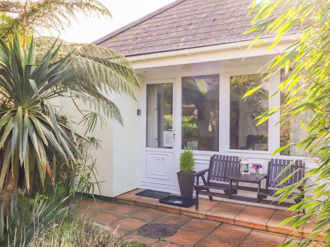 Front entrance and patio to  Praa-Sands holiday cottage fronted by a palm tree and shrubs.
