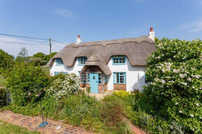 A thatched Hampshire holiday cottage sits behind a flowering hedgerow in the countryside.