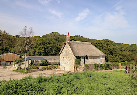 Exterior of a thatched Abbotsbury holiday cottage with farm buildings behind.
