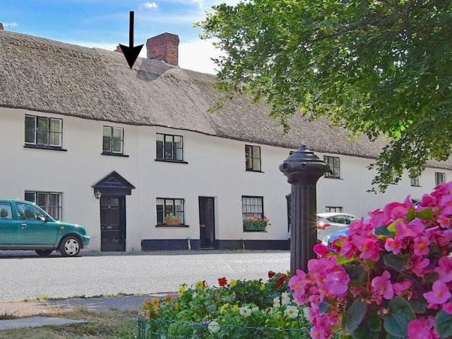A row of thatched village cottages overlook trees and flowering bushes on a village green.