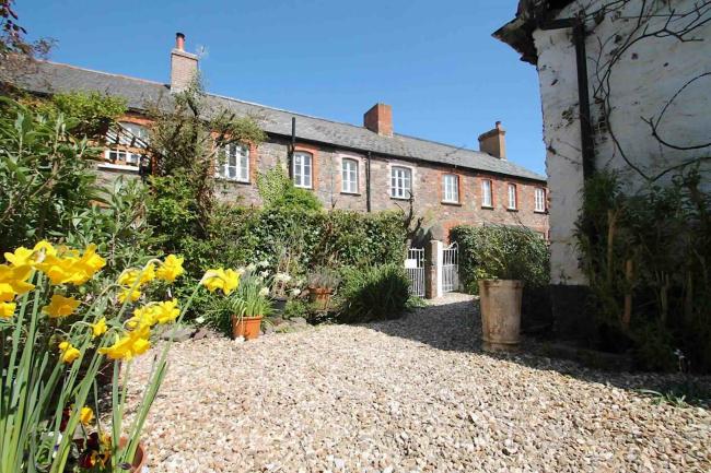 A terrace of Somerset cottages and front gardens.