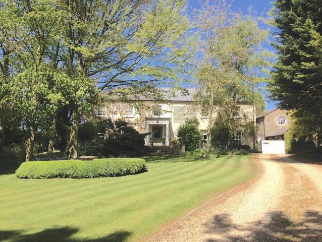 Half hidden by trees, a luxury Hertfordshire cottage overlooks a long, manicured lawn.