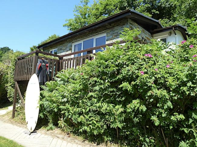 Exterior of a single-storey cottage surrounded by trees and flowering shrubs.