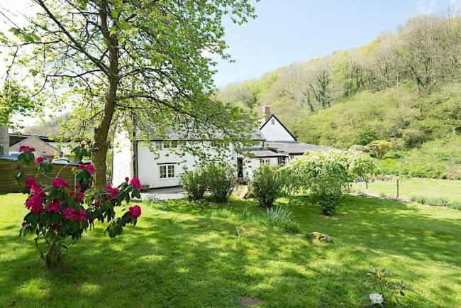 Exterior of a North Devon mill cottage surrounded by gardens in a valley floor.