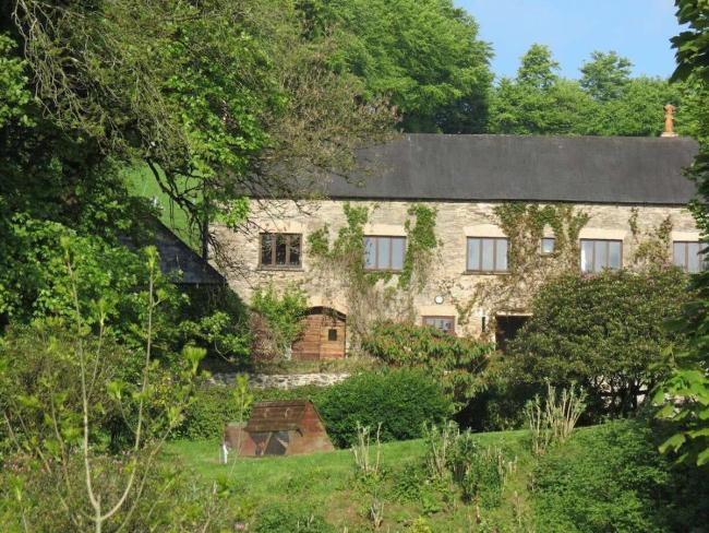A country cottage with a backdrop of mature trees and a large front garden.