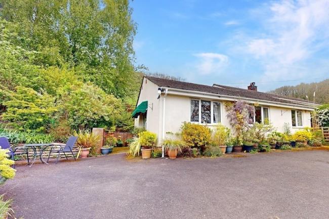 Exterior of a bubgalow surrounded a a garden with trees and mature shrubs and off-road parking space