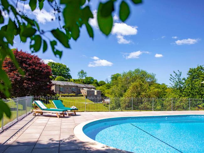 Outdoor swimming pool with table of drinks and snacks in front.