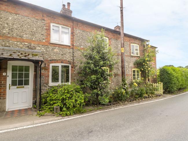 A stone-built Dorset holiday cottage behind a row of mature shrubs overlooks an empty country lane.