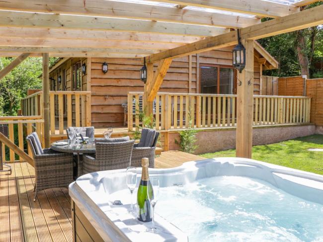 A wooden holiday lodge in Washford overlooks a patio with a hot tub. on a terrace/