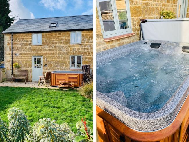 Twin photos of a stone cottage exterior and a swirling hot tub.