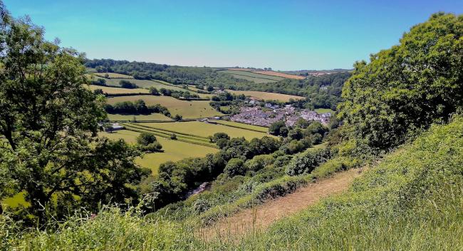 Great Torrington Holiday Cottages A far-reaching view along a river valley lined with little fields and trees.